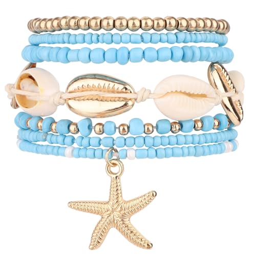 Mikovivi 7 unidades pulseiras de praia verão para mulher, empilháveis conchas marinhas estrelas do mar contas pulseiras elásticas conjunto boêmio para férias na praia festa jóias amizade presente