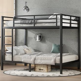 Thctvous Queen Over Queen Bunk Bed,Heavy Duty Metal Bunk Bed Frame for Adults,2 Side Ladder,Guardrail,Space-Saving,Noise Reduced,No Box Spring Needed,Black (Black, Queen Over Queen) (Full Over Full)