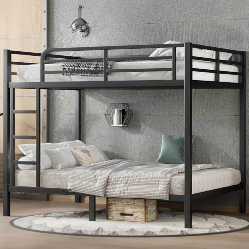 Thctvous Queen Over Queen Bunk Bed,Heavy Duty Metal Bunk Bed Frame for Adults,2 Side Ladder,Guardrail,Space-Saving,Noise Reduced,No Box Spring Needed,Black (Black, Queen Over Queen) (Full Over Full)