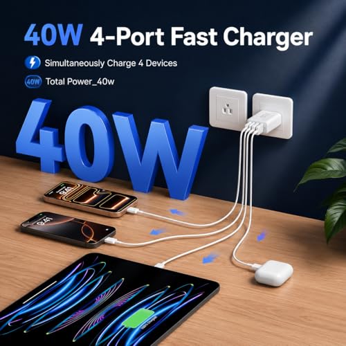 Image of USB C Wall Fast Charger Block, 40W 4-Port Type C Charger Fast Charging Blocks PD Power Charger Adapter+QC 3.0 USB Multiport Charger Brick for iPhone 17 /16 /15 /14 /13 /12 Pro Max, iPad, Galaxy S25-2Pack