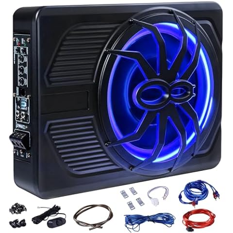 Andeman 10" Ultra Slim Under Seat Car Subwoofer with 800W Stereo Surround Sound & Blue LED Ambient Light, Car/Truck Audio Sub Built in Amplifier, High/Low Level Input Cover