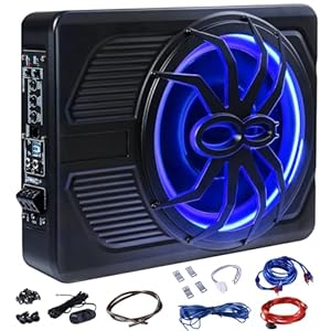 10″ Ultra Slim Under Seat Car Subwoofer with 800W Stereo Surround Sound & Blue LED Ambient Light, Car/Truck Audio Sub Built in Amplifier, High/Low Level Input