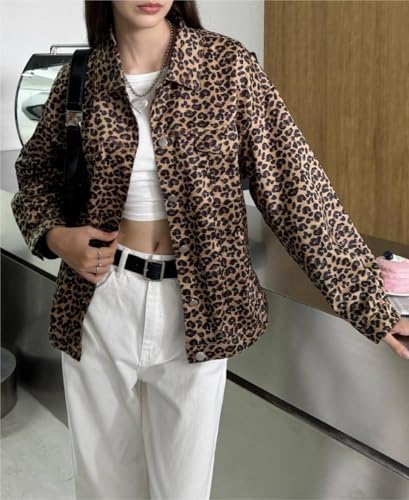 MakeMeChic Women's Leopard Print Denim Jacket Button Down Long Sleeve Oversized Shacket Jackets Outerwear3