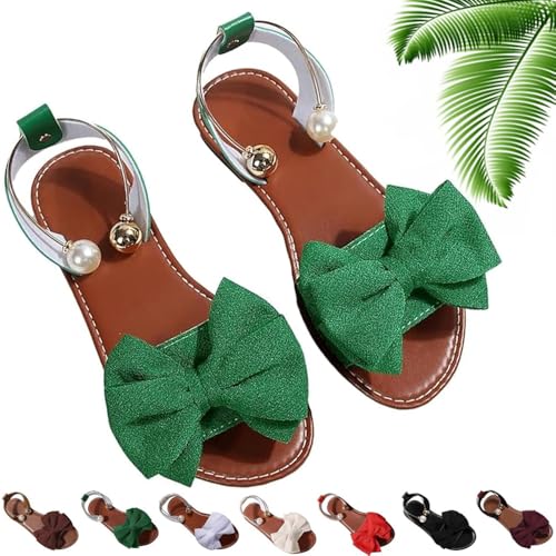 Women�fs Bow Accent Slingback Flat Sandals, Elegant Pearl Ankle Strap Open Toe Slingback Flats, Comfortable Casual Shoes (Green,2