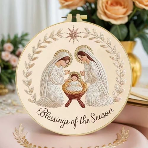 Nativity Scene Embroidery Kit for Beginners & Adults - Complete Christmas Cross Stitch Starter Set with Hoop Pattern Needles asy DIY Religious Craft
