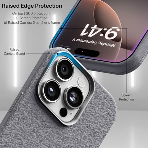 Image of GRIPP Heritage Xtreme Case Compatible with Mag-Safe for iPhone 16 Pro Max | 8ft Drop-Tested with D30 Tech, Premium Leatherette & Silicon, Metal Buttons, Luxuriantly Smooth Texture Back Cover - Grey