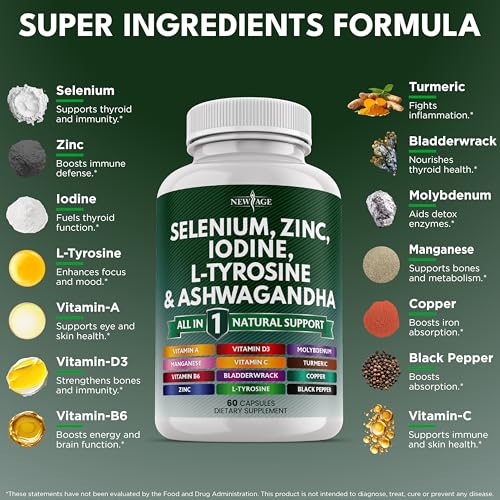 new age selenium zinc iodine l tyrosine ashwagandha - supplement for women and men with bladderwrack turmeric silica kelp schisandra - 120 count
