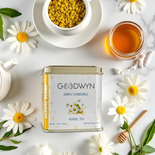 Image of Goodwyn Chamomile Tea (50g) Real Chamomile Flowers | Caffeine-Free Herbal Tea | Promotes Relaxation, Calm Sleep, Stress Relief | Non Bitter | Reusable Tin Can | Premium Hamper Gift Souvenir