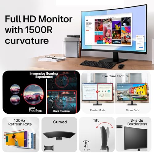 LG 32MR50C 80 cm (31.5 Inch) Full HD Curved (1920x1080) VA PC Monitor w/ 100Hz, 5ms (GtG), AMD FreeSync, D-Sub, 2xHDMI, Tilt Adjustable Anti-Glare, 3-Side Virtually Borderless Design, NTSC 72% (Black) view 2