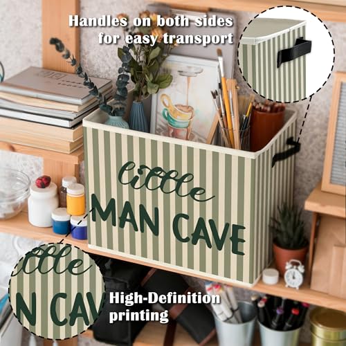Image of Little Man Cave Boys Storage Bins Box with Handles, Green Stripe Boho Collapsible Basket Organizer for Kids Boys Playroom Nursery Room Bedroom Bathroom Books Clothes