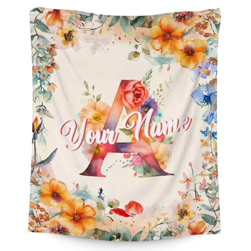 Custom Blanket with Name, Flower Initial Throws Gift for Kids, Soft Anniversary Birthday Gifts for Her, Cozy Flannel Throw Blankets for Couch Office, 30x40 Inches