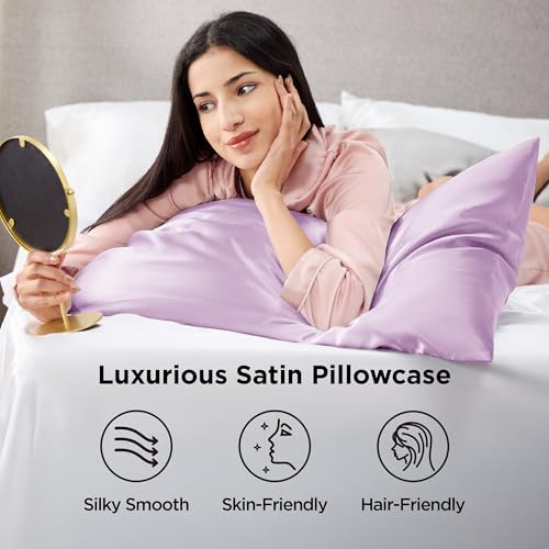 Image of Bedsure King Size Satin Pillowcase Set of 2 - Lavender Silky Pillow Cases for Hair and Skin with Envelope Closure, Similar to Silk Pillow Cases, Gifts for Women Men, 20x36 Inches, 2pcs