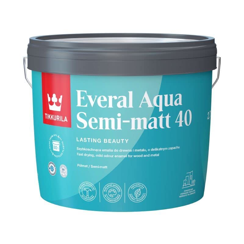 TIKKURILA Everal Aqua 40 - Semi-Gloss Paint For Wood & Metal - Fast Drying Acrylic Enamel - 3 Litres