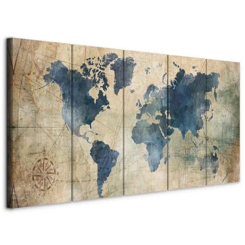 murando Cuadro en Lienzo Mapa del mundo 200x80 cm Impresión de 5 Piezas Material no Tejido Cuadros para Dormitorios Impresión Artística Decoracion de Salon Rosa de los vientos Tarjeta k-A-0415-b-m