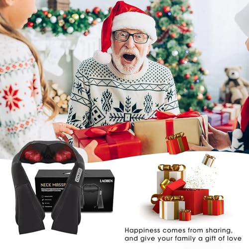 Masajeador de cuello AERLANG presentado como un regalo navideño, mostrando una familia intercambiando regalos en una celebración