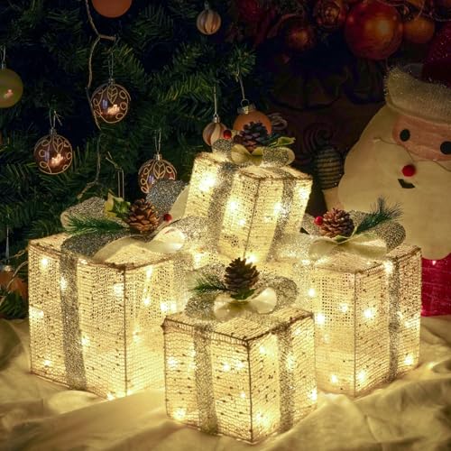Christmas Lighted Gift Boxes, Set of 4 Christmas Decorations, Battery Operated Xmas Present Boxes, Warm White LED with Bows for Indoor Christmas Tree, Yard, Home Decor
