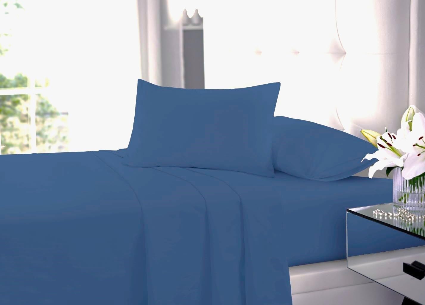 London Dream Mid Blue Single FLAT Bed Sheet - Plain Dyed Poly Cotton Percale Quality Flat Sheets