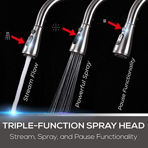 Mueller Single Handle Stainless Steel Kitchen Sink Faucet, High Arc, Single Lever, Pull-Out Sprayer Head, Stream Flow, Powerful Spray Kitchen Sink, with Deck Plate Brushed Nickel Finish