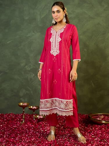 Image of INDO ERA Women's Silk Blend Ethnic Motifs Embroidered Straight Kurta & Pant with Dupatta Set (RRSTR10158)
