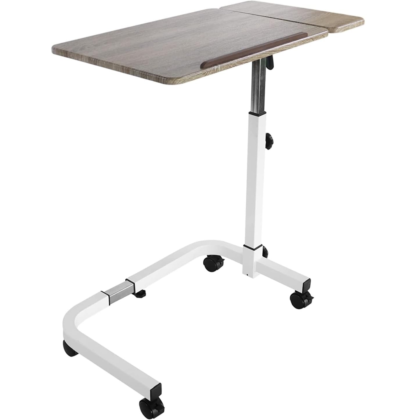 KMINA Overbed Table with Wheels, Hospital Bed Table, Tilting, Adjustable Height, Wood and Steel, C Shaped Side, White