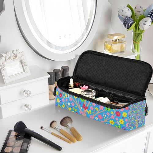 Bolsa de viaje para herramientas de cabello con estera resistente al calor, impermeable, organizador para planchas, rizadores y secadores, azul con diseño de mariposas, flores y árboles miniatura 7