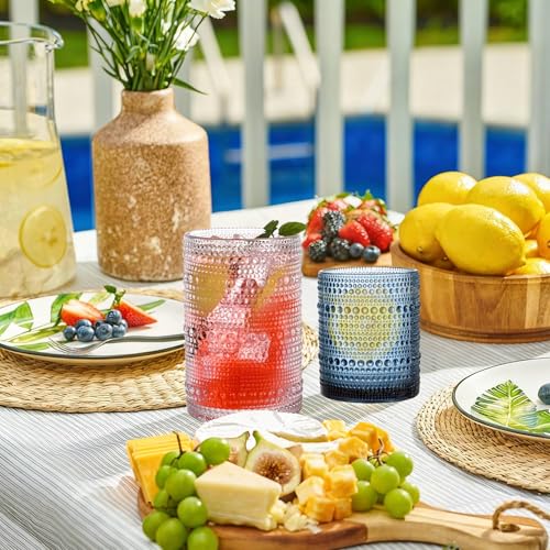 Image of Colored Hobnail Drinking Glasses Set of 8,15 oz Vintage Highball Glassess & 12 oz Cocktail Glasses,Drinkware Kitchen Glasses for Cocktail, Iced Coffee, Beer, Ice Tea, Wine, Whiskey, Water