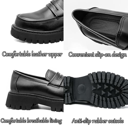 Men's Leather Platform Chunky Slip-On Penny Loafers Classic Round Toe Lug Sole Business Casual Formal Work Shoes3