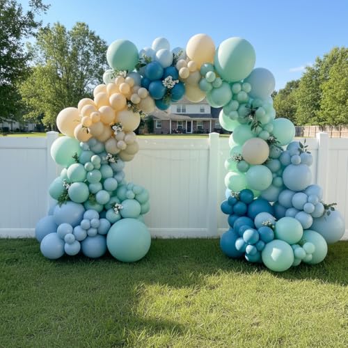 Image of 163Pcs Under The Sea Balloon Garland Arch Kit - Ocean Theme Party Decorations with Dusty Slate Blue Pastel Green Sand White Balloons for Baby Shower Birthday Under the Sea Party Decorations