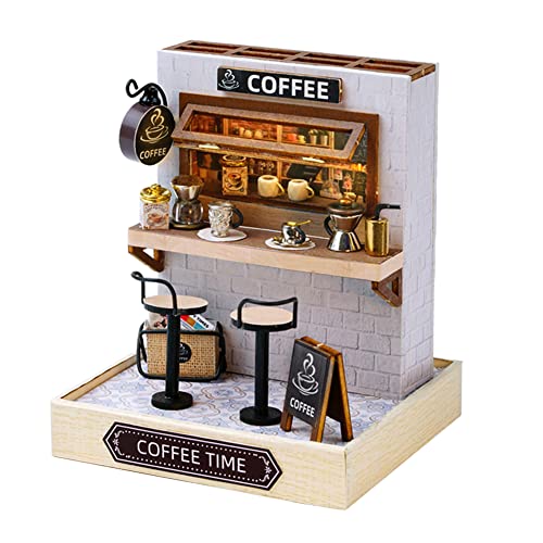 Casa de muñecas en miniatura con cubierta antipolvo, muebles de madera, kit de casa de muñecas con luz LED, habitación creativa, regalo de cumpleaños para niños adolescentes (cafetería)