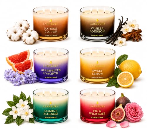 Image of 6 Set Larkbury Scented Candle Set, 350G Luxury Fragrance Candle, 32 Hours Burn Time, Jasmine, Vanilla, Lemon, Grapefruit, Natural Cotton, Rose, Gift for Women and Men