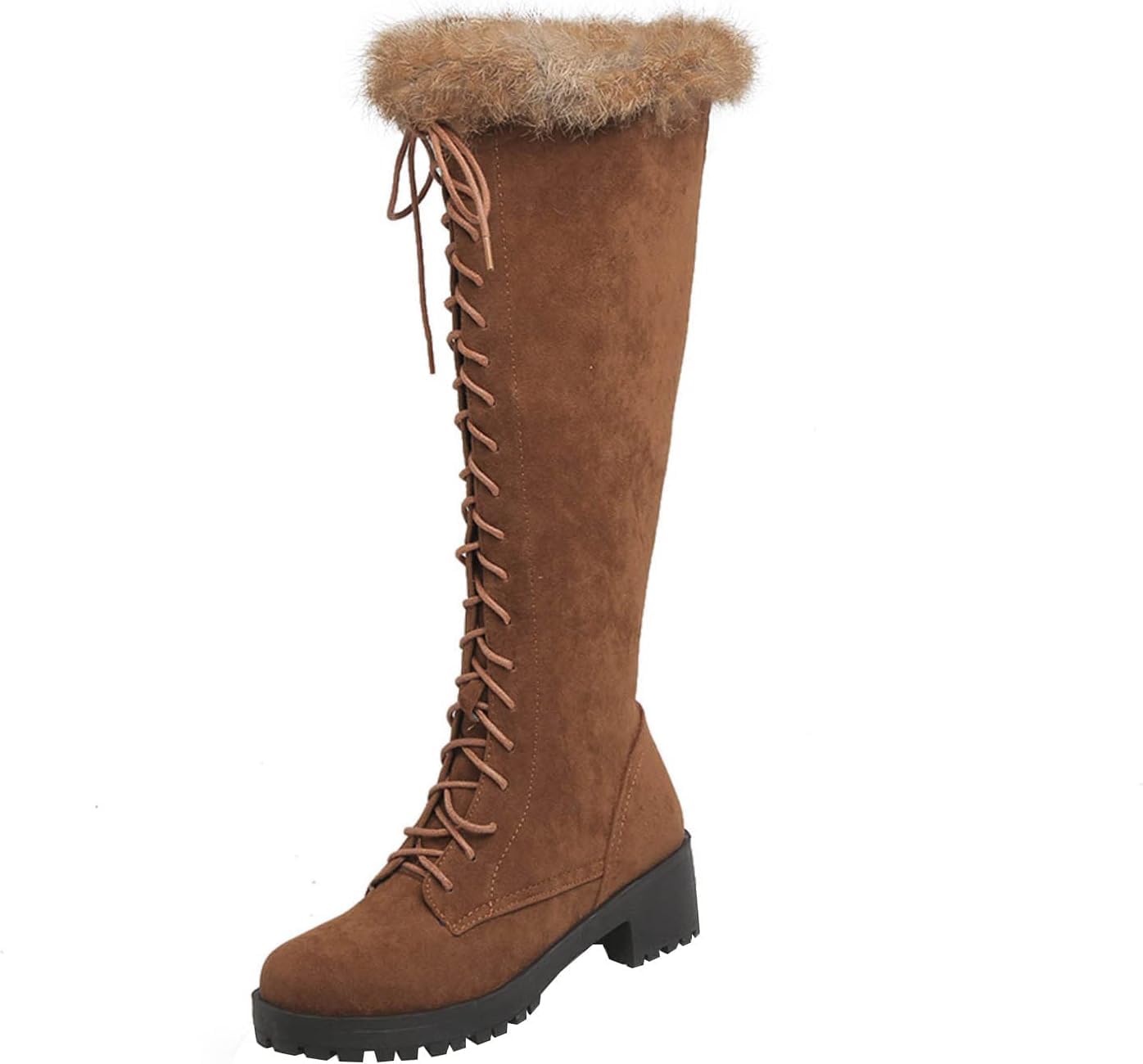 HONGDAO Snow Knee High Boots for Women - Fashion Lace Up Side Zipper Chunky Heel Boots Casual Plush Faux Suede Riding Boots Shoes