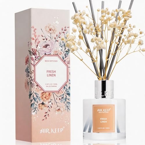 Image of Airkeep Reed Diffuser Set,3.38 fl oz (100 ml) - Fresh Linen Oil Diffusers with 8 Reed Sticks, Home Fragrance Reed Diffuser for Bathroom Shelf Decor