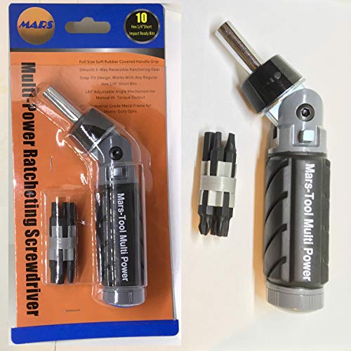 Heavy Duty RATCHETING SCREWDRIVER - ADJUSTABLE ANGLE - 3 Way Ratchet - NONSLIP Big Rubber Grip - Multibit Storage w/Ph Hex Torx Bits | Durable Portable Screw Driving Solutions from Mars-Tool