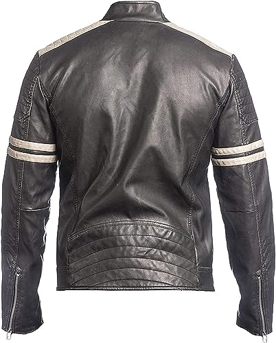 HIDE & SEEK Men’s Retro Distressed Vintage Cafe Racer Motorcycle Biker Style with Stripes Genuine Leather Jacket3