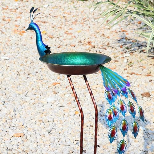 HLQMFHT 36' H Peacock Bird Baths for Outdoor, Metal Bird Feeder Seed Trayr,Outdoor Bird Bath,Garden Lawn Yard Decor