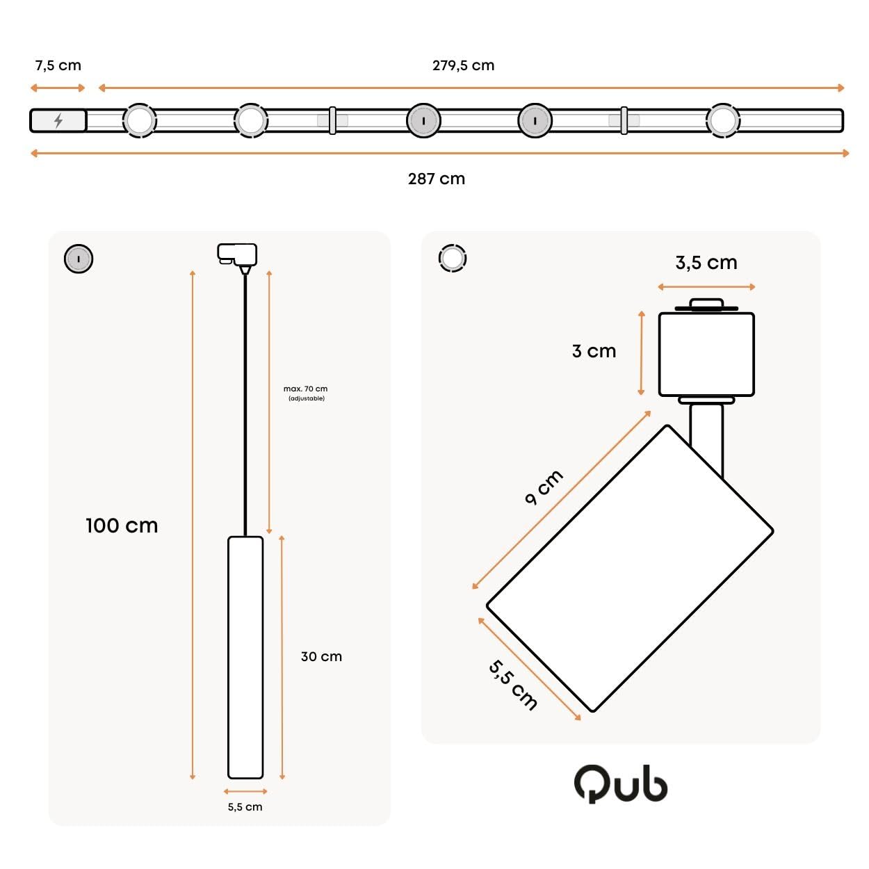 Qub Focus III 1-Phasen Led Schienensystem Komplettset - 300cm - Set 3 Spots und 2 Pendelleuchten - 3x 1m Licht Schienensystem - I-Form - GU10 & LED-Kompatibel - Erweiterbar & flexibel - Weiß