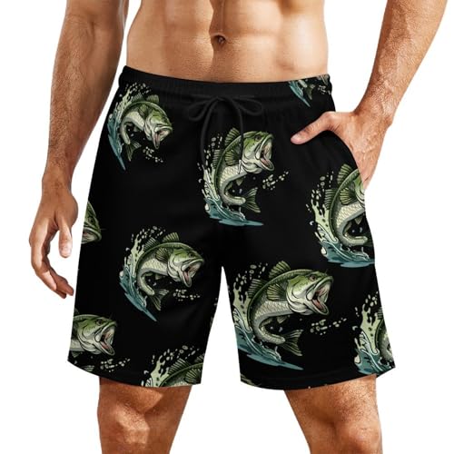 Bass Fishing Mens Swim Trunks with Compression Liner Quick Dry Board Beach Shorts