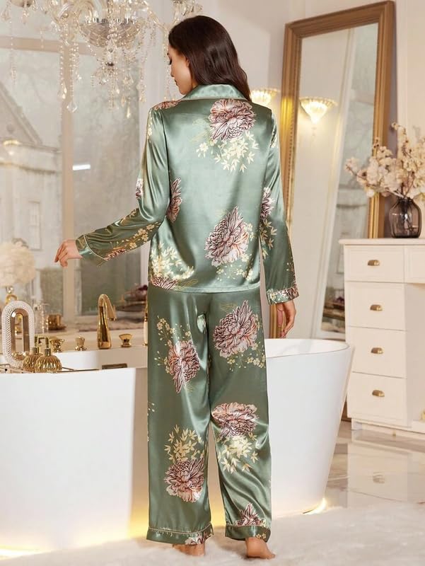 Image of Night Suit for Women with Full Sleeve Button-Down Top with Pant Dress for Woman, Cotton Night Dress for Woman, Two-Piece Loungewear Set
