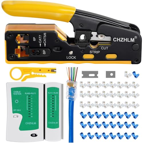 Rj45 Crimp Tool Pass Through Ethernet Crimping Tool kit for 8P-Cat7 Cat6 Cat5 6P Telephone Connector Network Crimp Tool RJ45 Crimper With Cable Tester Covers Connectors Mini Yellow Stripper