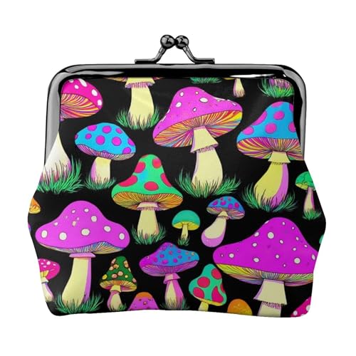 Coin Purse For Women Neon Mushrooms Pattern Purple (1) Faux Leather Coin Purses With Kiss Lock Change And Coin Wallet Double Clasp Closure Mini Purse For Cash, Coin, Key