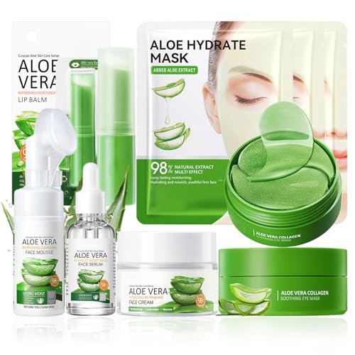 Aloe Vera Skin Care Set, 8 Stück Pflegeset Damen, Gesichtspflege Set für hydratisierend erfrischte Haut, Adventskalender Damen, mit Lippenbalsam, Augenpads, Maske, Creme, Serum, Reinigungsschaum
