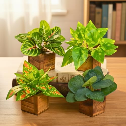Image of DecoreBugs Artificial Leaves Potted Plants in Wooden Pot (4 Pack) Money Plant | Small Plants for Home Decor | Office Decor