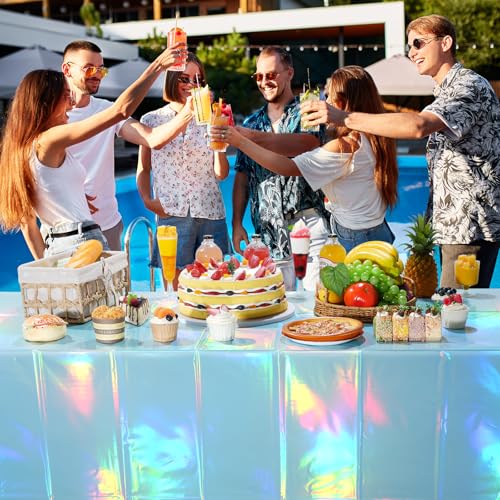 Image of 1 Pack Iridescent Light Blue Tablecloth for Parties, Pastel Blue Holographic Plastic Table Cover, Disposable Laser Baby Blue Table Cloth for Birthday Wedding Baby Shower Party Decorations, 54x108 Inch