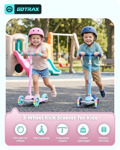 Image of Gotrax KS1 Kids Kick Scooter, 3 Wheels for Boys & Girls 2-8, Gifts | LED Light-Up Wheels, 3 Adjustable Handlebar, Easy Assembly, Lightweight, Wide Anti-Slip Deck, Lean to Steer, Max Load 110 lbs