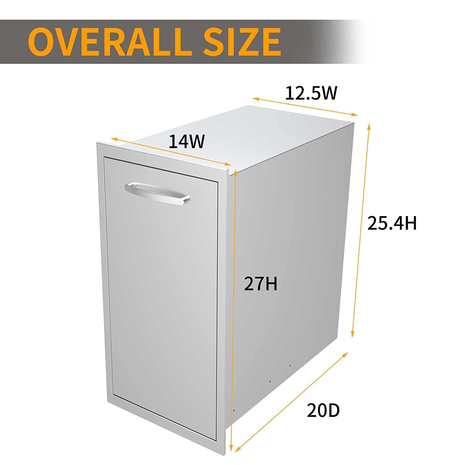Pull Out Trash Drawer, 14''W x 27''H x 20''D Stainless Steel Built-in Single Trash Drawer Outdoor Kitchen Cabinets Trash Bin for BBQ Island Grill Station
