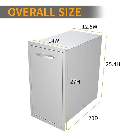 Built-in Single Trash Drawer Pull-Out Tray Stainless Steel Trash Drawer with Handle Storage Trash Bin for Outdoor Kitchen BBQ Island Grill Station (14 W x 27 H x 20 D)