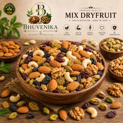 Image of Bhuvenika Dry Fruits & Mukhwas Premium Mix Dry Fruits 500gm |Mixed Almonds, Cashews, Pistachios, Raisins, Apricots, Black Raisins | Assorted Crunchy Trail Mix for Snacking & Gifting