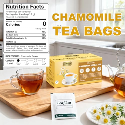 Image of LeafLea Chamomile Herbal Tea Bags, Calm Evening Routine, 80 Count
