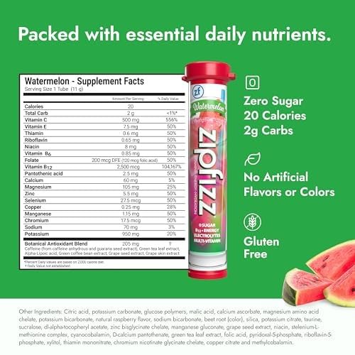 Image of Zipfizz Daily Energy Drink Powder, Watermelon, 20 Pack | 3-in-1 Sustained Energy, Rapid Hydration, and Essential Vitamins | Sugar-Free | Electrolyte Powder | Contains Vitamin B-12 & Antioxidants