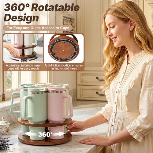 Image of MyLifeUNIT Water Bottle Organizer for Stanley Cups 40oz /30oz /20oz, 360 Rotating Wooden Tumbler Organizer, Stanley Cup Holder for Cabinet Storage (Brown)